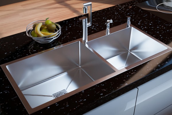 Modern stainless steel double kitchen sink with chrome faucet